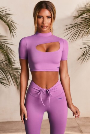 Oh Polly Power Up Slinky Cut Out High Neck Crop Top Bo+Tee Tops Purple | NYEP-05143