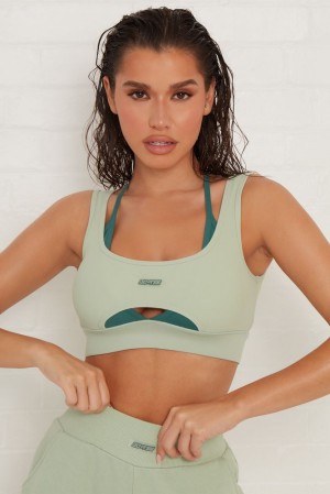 Oh Polly Ready Layered Cut Out Ribbed Sports Bra Sports Bras Green | NVAJ-47905