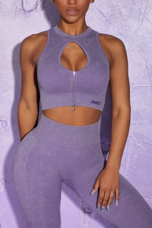 Oh Polly Relay Keyhole Zip Crop Top Bo+Tee Tops Violet | WTEI-74035