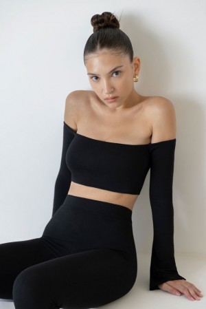 Oh Polly Renata Long Sleeve Bardot Crop Top Womens Tops Black | KQVY-58427