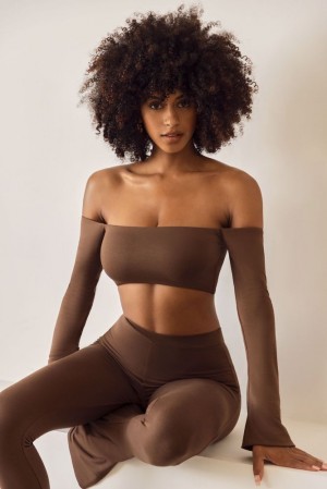 Oh Polly Renata Long Sleeve Bardot Crop Top Womens Tops Brown | WXAF-61392