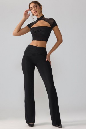 Oh Polly Ridley Mesh Mid Rise Twist Overlay Flare Trousers Women's Trousers Black | MJVH-67043