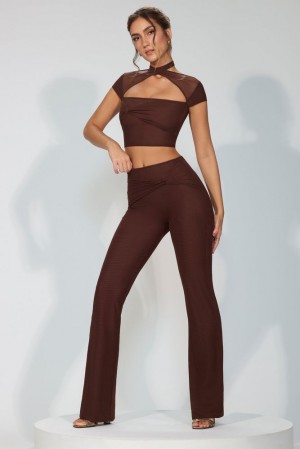 Oh Polly Ridley Petite Mesh Mid Rise Twist Overlay Flare Trousers Women's Trousers Espresso | RNJW-67431