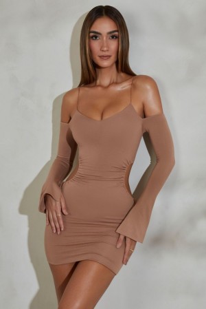 Oh Polly Rumi Ruched Cut Out Sides Long Sleeve Mini Dress Mini Dress Tan | ICTV-72943