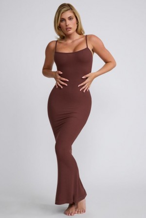 Oh Polly Salma Ribbed Modal Square Neck Maxi Dress Maxi Dress Chocolate | ETMB-72560