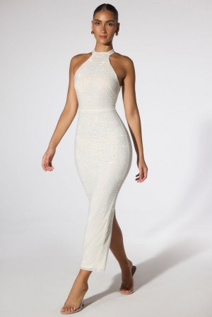 Oh Polly Sarita Embellished Halter Neck Low Back Evening Gown Other Dress Ivory | FMPI-29065