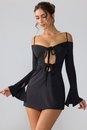 Oh Polly Sidney Slinky Jersey Long Sleeve Cut Out Mini Dress Mini Dress Black | XUTB-82594