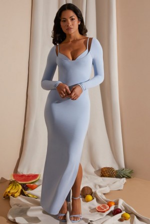 Oh Polly Sierra Long Sleeve Exposed Bra Maxi Dress Maxi Dress Blue | SRYH-32685