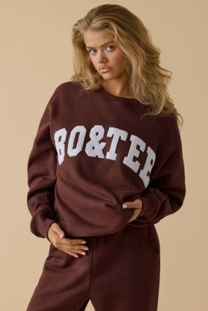 Oh Polly Signature Oversized Crew Neck Sweatshirt Tracksuits Mahogany | FYIT-57936