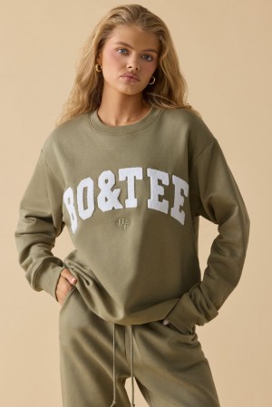 Oh Polly Signature Oversized Crew Neck Sweatshirt Tracksuits Soft Olive | EZPR-38021