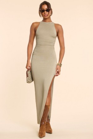 Oh Polly Skylar High Neck Racerback Ruched Modal Cashmere Blend Maxi Dress Maxi Dress Taupe | PKXH-74635