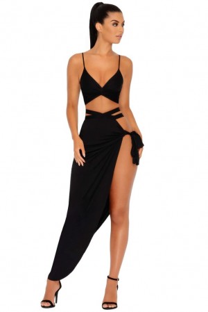 Oh Polly Slit To Kill Split Leg Maxi Skirt Skirts Black | WPLM-74063