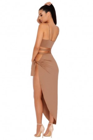 Oh Polly Slit To Kill Split Leg Maxi Skirt Skirts Brown | DTSY-13072