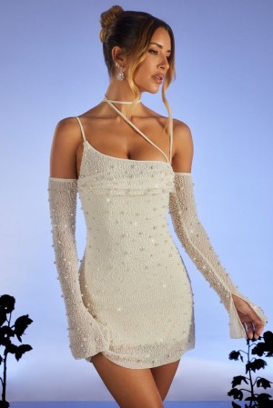 Oh Polly Soho Embellished Asymmetric Corset Mini Dress Mini Dress Ivory | XQWY-39201