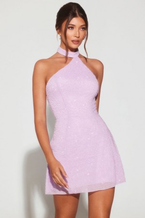 Oh Polly Sorrento Embellished Asymmetric Neck A-Line Mini Dress Mini Dress Lilac | JPBU-34597