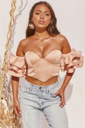 Oh Polly Sweet Bliss Bardot Ruffle Sleeve Crop Top Bo+Tee Tops Peach | QHYC-79320