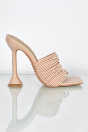 Oh Polly Through The Wire Multi Strap Mule Heels Shoes Nude | HRLX-23948