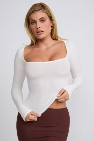 Oh Polly Tia Ribbed Modal Square Neck Long Sleeve Top Womens Tops White | HWPN-71839