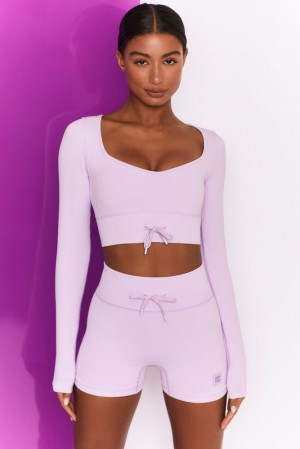 Oh Polly Time Check Ribbed Long Sleeve Crop Top Bo+Tee Tops Lilac | UAPT-71546