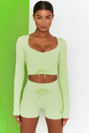 Oh Polly Time Check Ribbed Long Sleeve Crop Top Bo+Tee Tops Lime | OQKC-90712