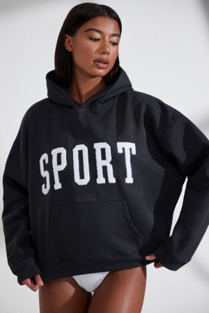 Oh Polly Varsity Oversized Hooded Sweatshirt Tracksuits Black | SGLU-41827