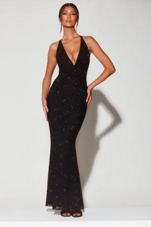 Oh Polly Verona Embellished Plunge Halter Neck Evening Gown Other Dress Black | DPQC-28307