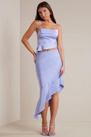 Oh Polly Vivi Bias Cut Satin Asymmetric Maxi Skirt Skirts Periwinkle | RCYG-10325