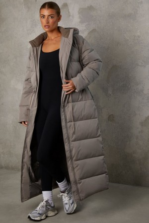 Oh Polly Warmth Full Length Hooded Puffer Coat Coats Warm Grey | FJIA-60298