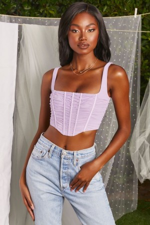 Oh Polly Wild Card Ruched Mesh Corset Crop Top Bo+Tee Tops Lilac | ULEH-15238