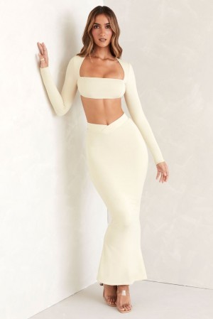 Oh Polly Willow Flared Hem Maxi Skirt Skirts Ivory | KYXE-24507