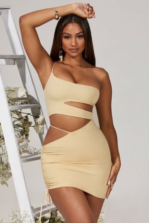 Oh Polly Yari Side Cut Out Ruched Mini Dress Mini Dress Cream | XNFR-58497