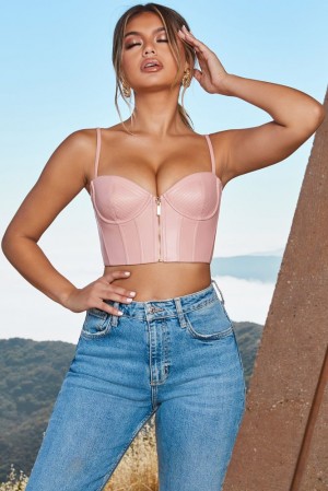 Oh Polly Zip Into Shape Faux Leather Underwired Bustier Crop Top Bo+Tee Tops Blush | VPOA-46328