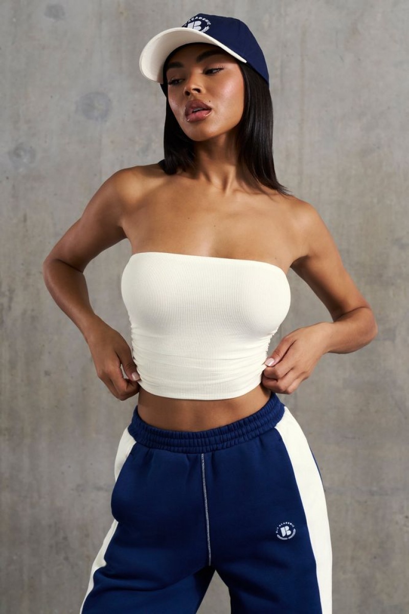 Oh Polly Ability Soft Rib Ruched Bandeau Top Bo+Tee Tops White | XRFV-83256