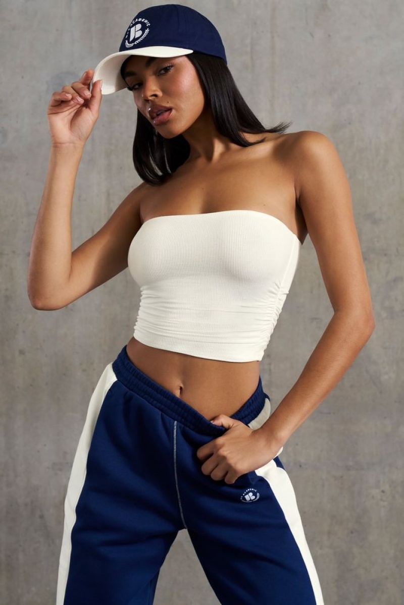 Oh Polly Ability Soft Rib Ruched Bandeau Top Bo+Tee Tops White | XRFV-83256