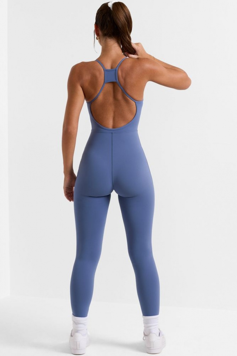 Oh Polly Ace Petite Open Back Full Length Unitard Bo+Tee Unitards Slate Blue | YOWT-86147