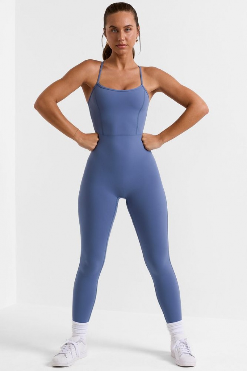 Oh Polly Ace Petite Open Back Full Length Unitard Bo+Tee Unitards Slate Blue | YOWT-86147