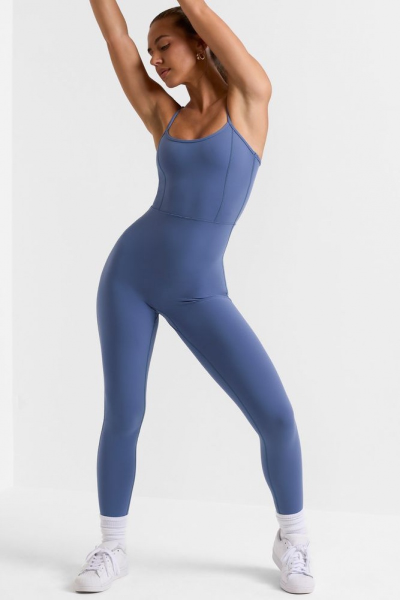 Oh Polly Ace Petite Open Back Full Length Unitard Bo+Tee Unitards Slate Blue | YOWT-86147