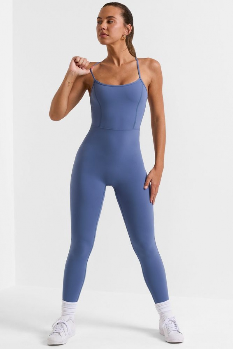 Oh Polly Ace Petite Open Back Full Length Unitard Bo+Tee Unitards Slate Blue | YOWT-86147