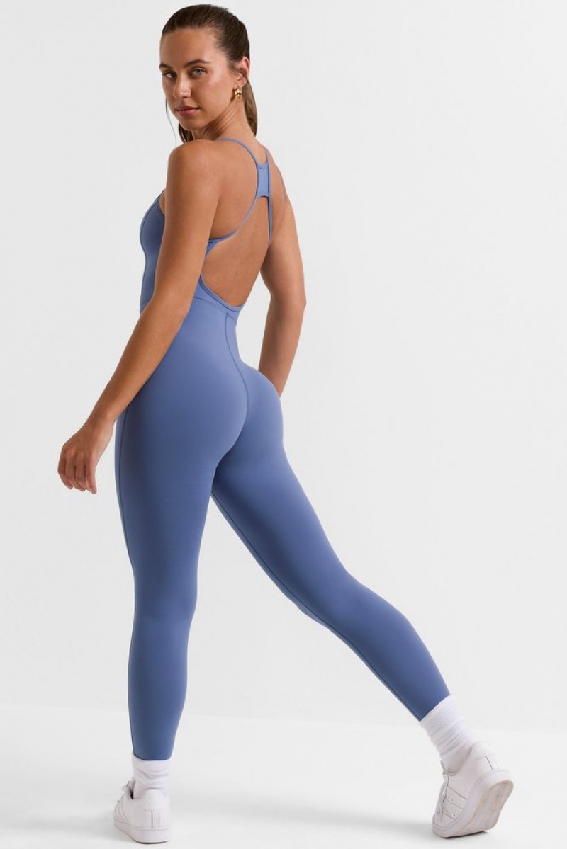 Oh Polly Ace Petite Open Back Full Length Unitard Bo+Tee Unitards Slate Blue | YOWT-86147