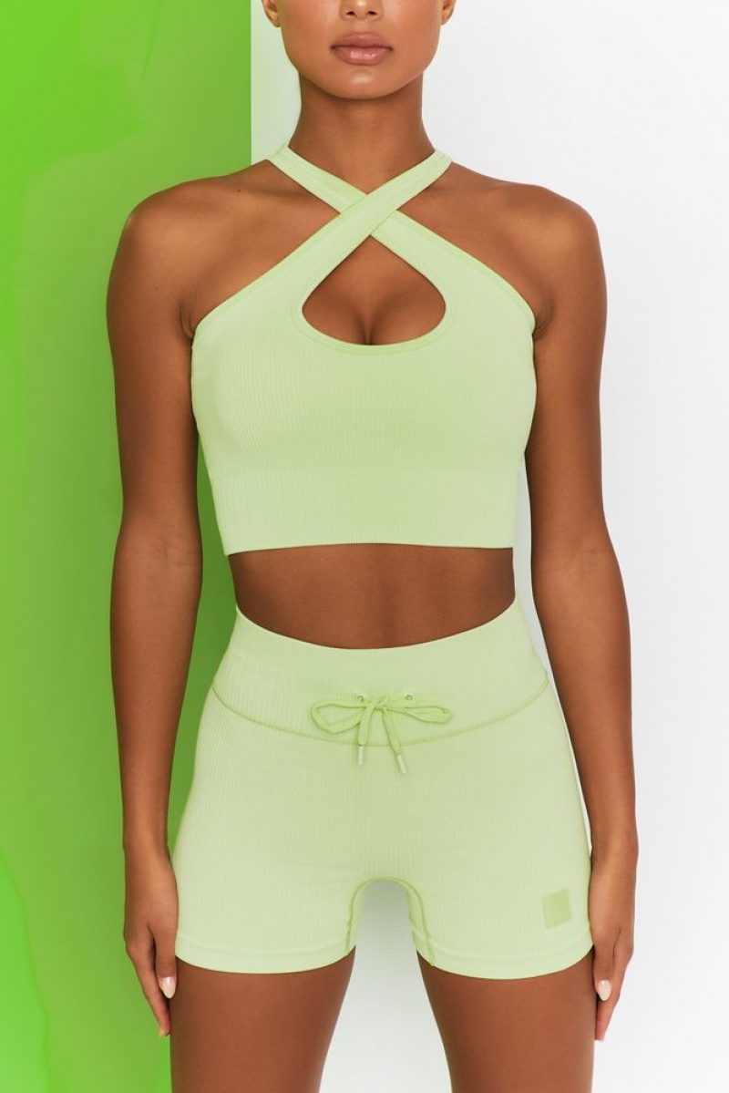 Oh Polly Adapt Ribbed Halter Crop Top Bo+Tee Tops Lime | ZAUB-46715