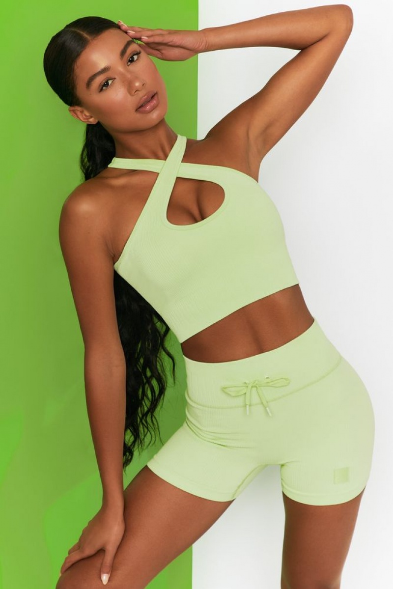 Oh Polly Adapt Ribbed Halter Crop Top Bo+Tee Tops Lime | ZAUB-46715