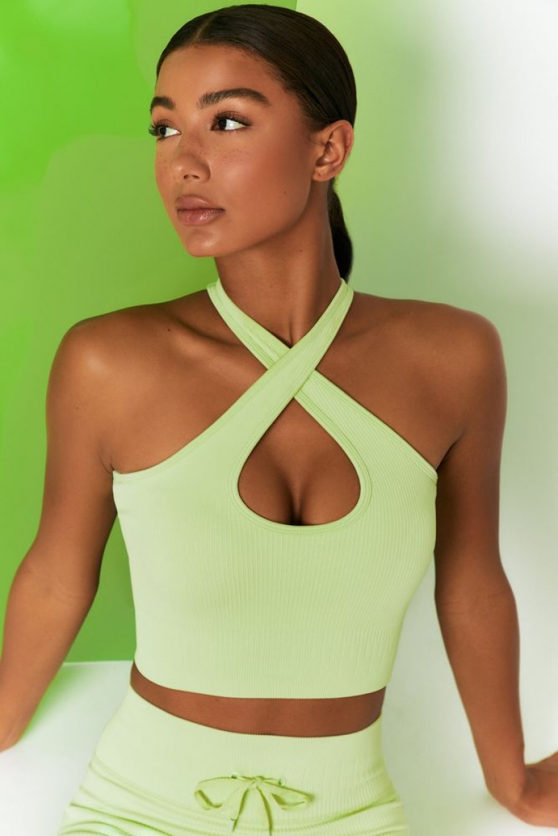 Oh Polly Adapt Ribbed Halter Crop Top Bo+Tee Tops Lime | ZAUB-46715