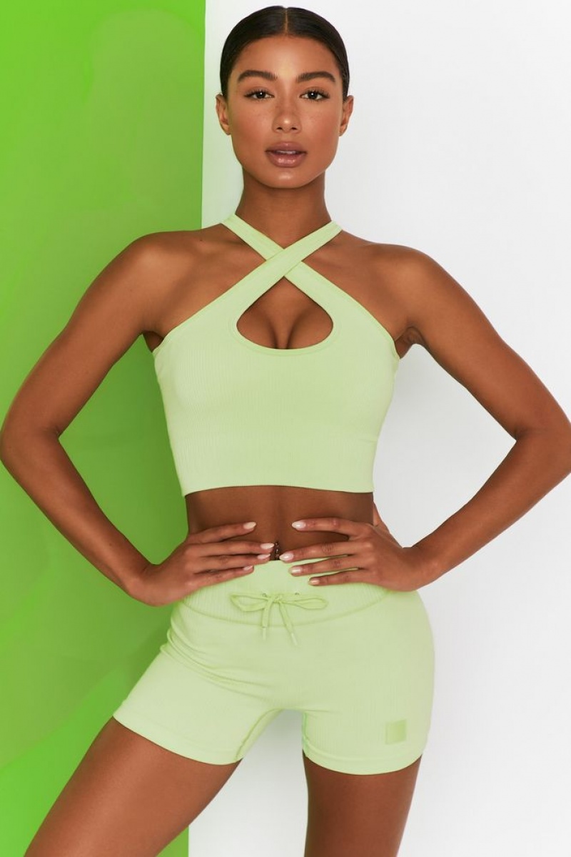 Oh Polly Adapt Ribbed Halter Crop Top Bo+Tee Tops Lime | ZAUB-46715