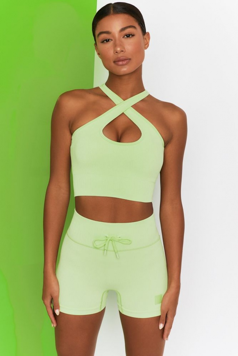 Oh Polly Adapt Ribbed Halter Crop Top Bo+Tee Tops Lime | ZAUB-46715