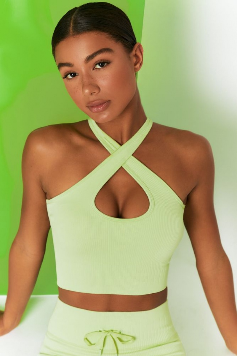 Oh Polly Adapt Ribbed Halter Crop Top Bo+Tee Tops Lime | ZAUB-46715