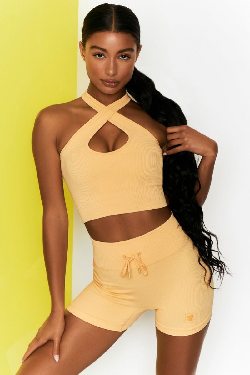 Oh Polly Adapt Ribbed Halter Crop Top Bo+Tee Tops Yellow | KFTX-06528