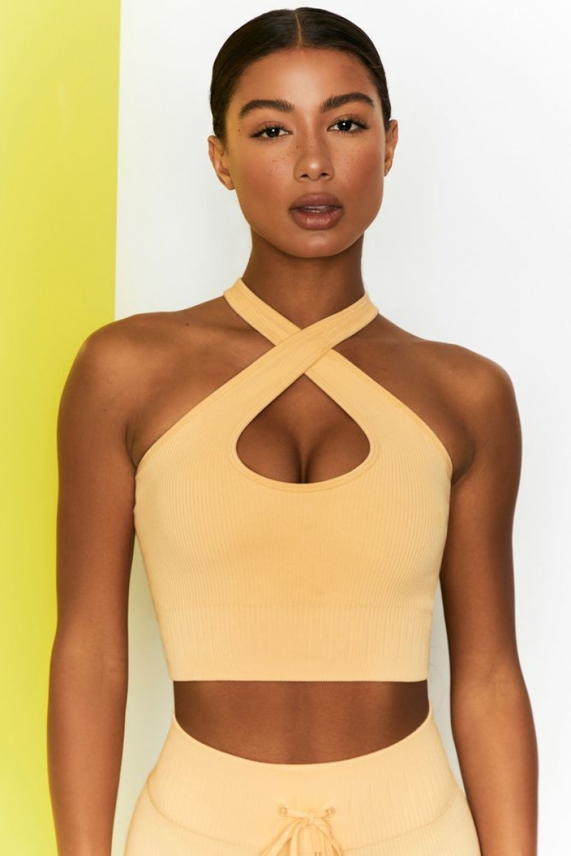 Oh Polly Adapt Ribbed Halter Crop Top Bo+Tee Tops Yellow | KFTX-06528