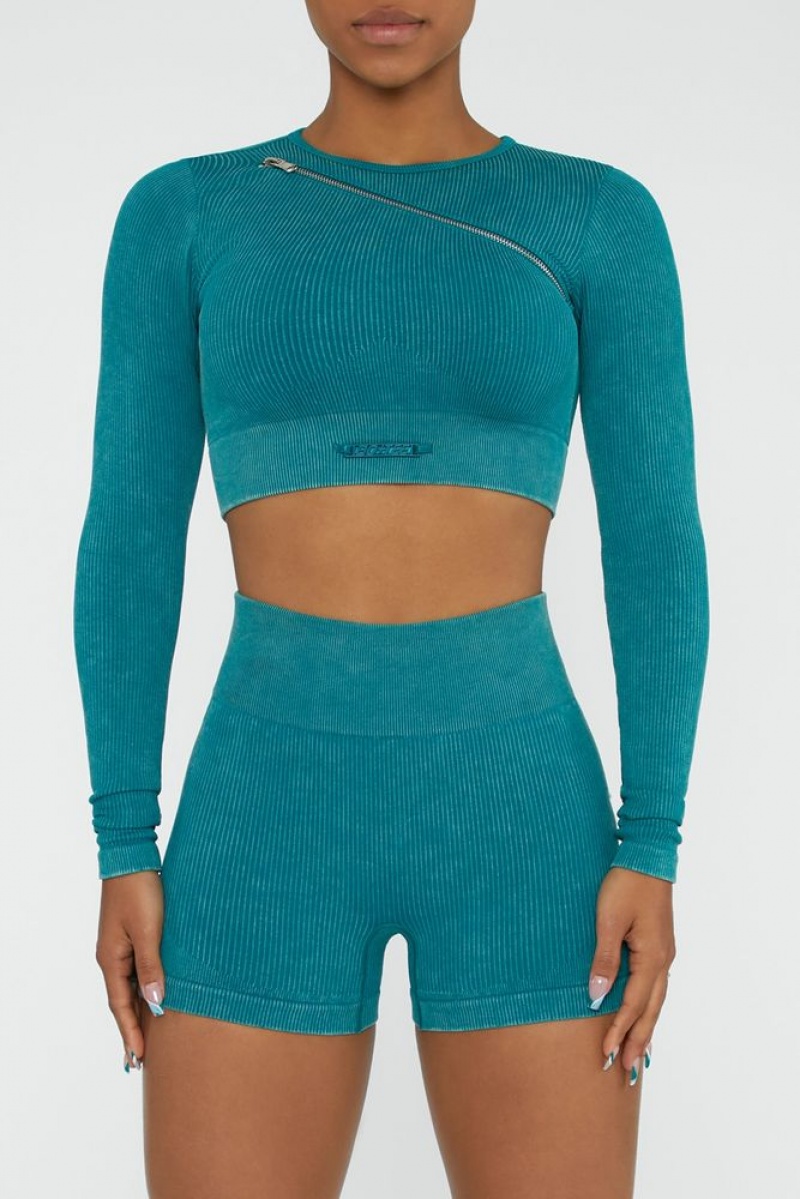 Oh Polly Agile Long Sleeve High Neck Zip Crop Top Bo+Tee Tops Teal | SZEI-15792