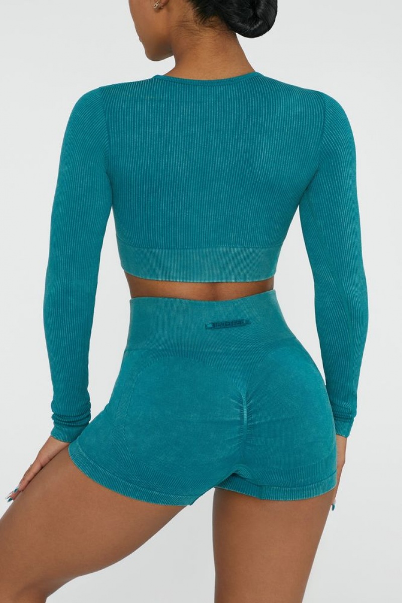 Oh Polly Agile Long Sleeve High Neck Zip Crop Top Bo+Tee Tops Teal | SZEI-15792