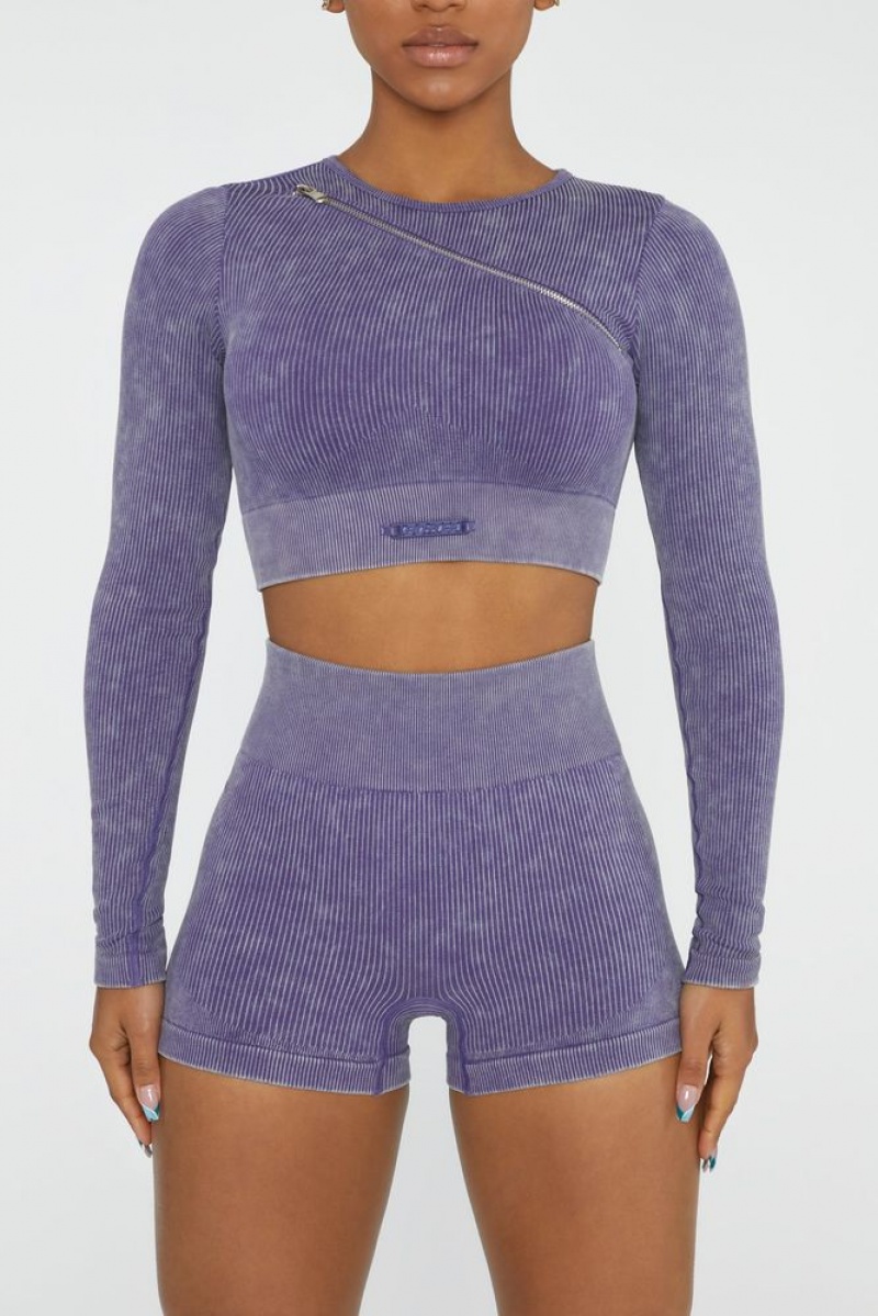 Oh Polly Agile Long Sleeve High Neck Zip Crop Top Bo+Tee Tops Violet | NESC-16420